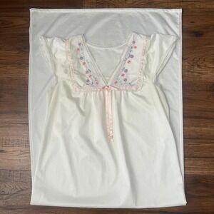Vintage White maxi Nightgown‎ Slip Dress Pink Embroidery Lace Ribbon Tie Women S